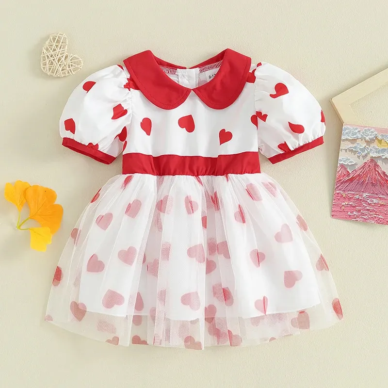 0-4Y baby girl summer dress Valentines Day heart-shaped printed short sleeved doll neckline sheer A-line dress childrens clothing 240424