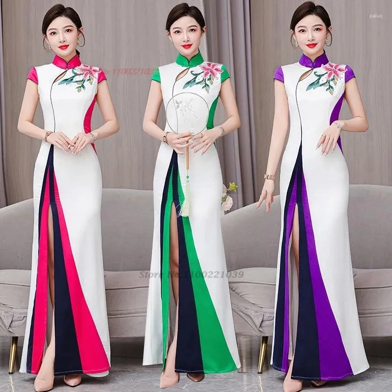 Etnik Giyim 2024 Çin Vintage Elbise Geliştirilmiş Cheongsam Qipao Ulusal Çiçek Nakış Akşam Ziyafet Sahne Performansı
