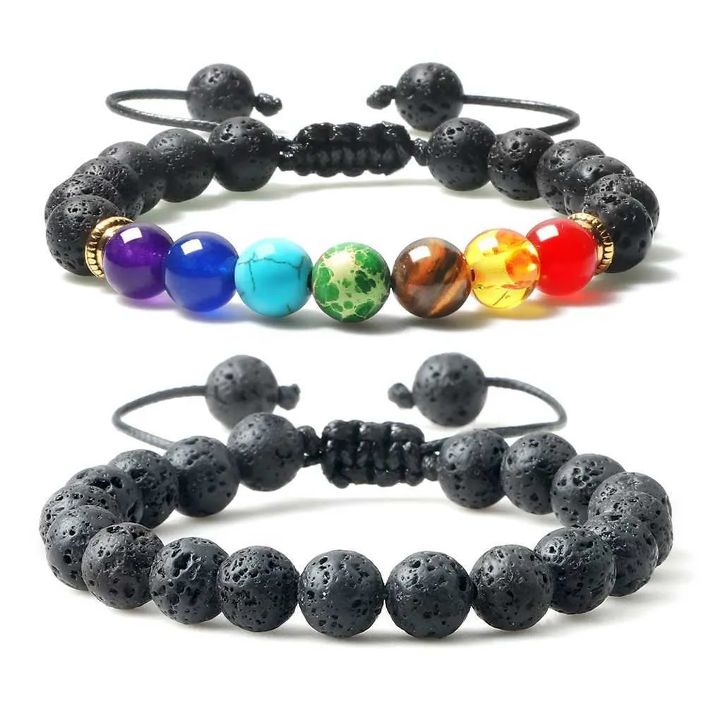 Brazalete para hombre de piedra de volcán natural con cuentas con Qi espiritual 7 Chakra Treaty Beads Elefante elástico de lava negra Mara Buda