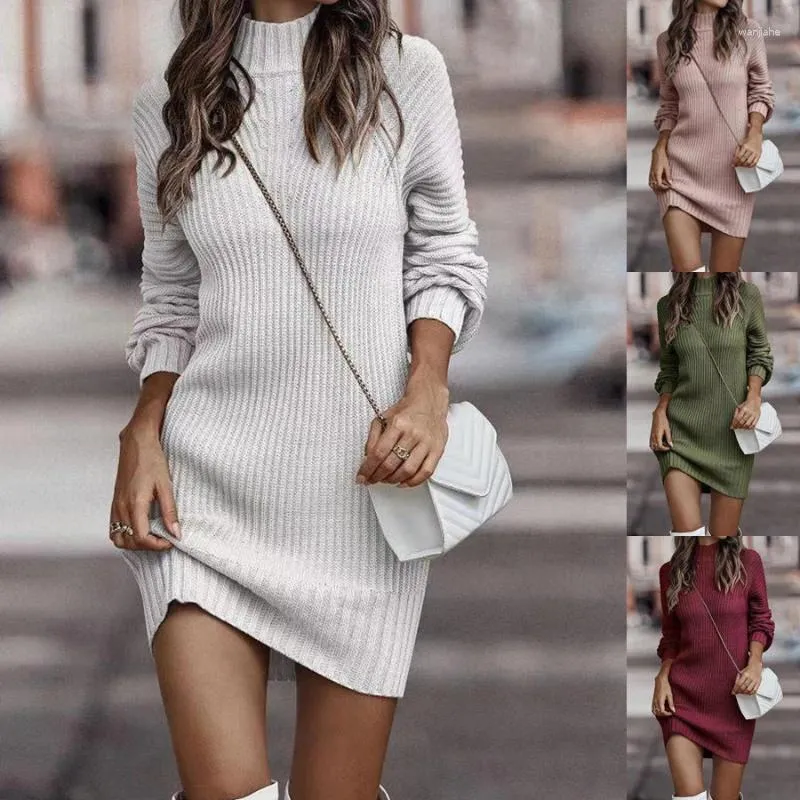 Casual Dresses 2024 Autumn/Winter Women's High Neck Sweater Dress Long Sleeved Knitted Solid Color Pullover Short Mini