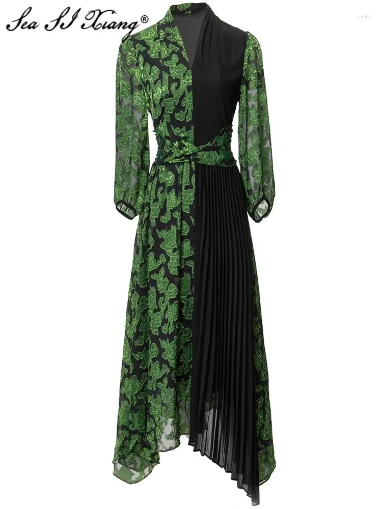 Sukienki zwyczajne Seasixiang Projektant mody Summer Jacquard Long Dress Women V-Neck Lantern Sleeve Vintage plisted