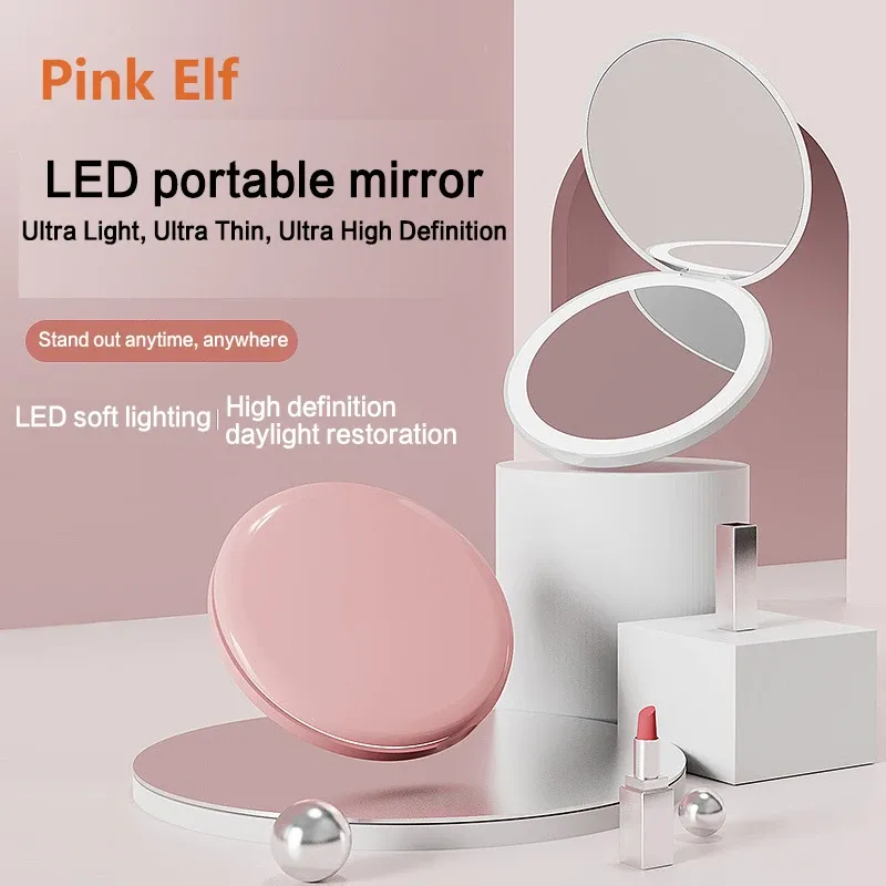 Speglar LED Light Makeup Mirror Foldbar Makeup Small Pocket Mirror för kvinnors lysande effekt Pink White Mini Mirror