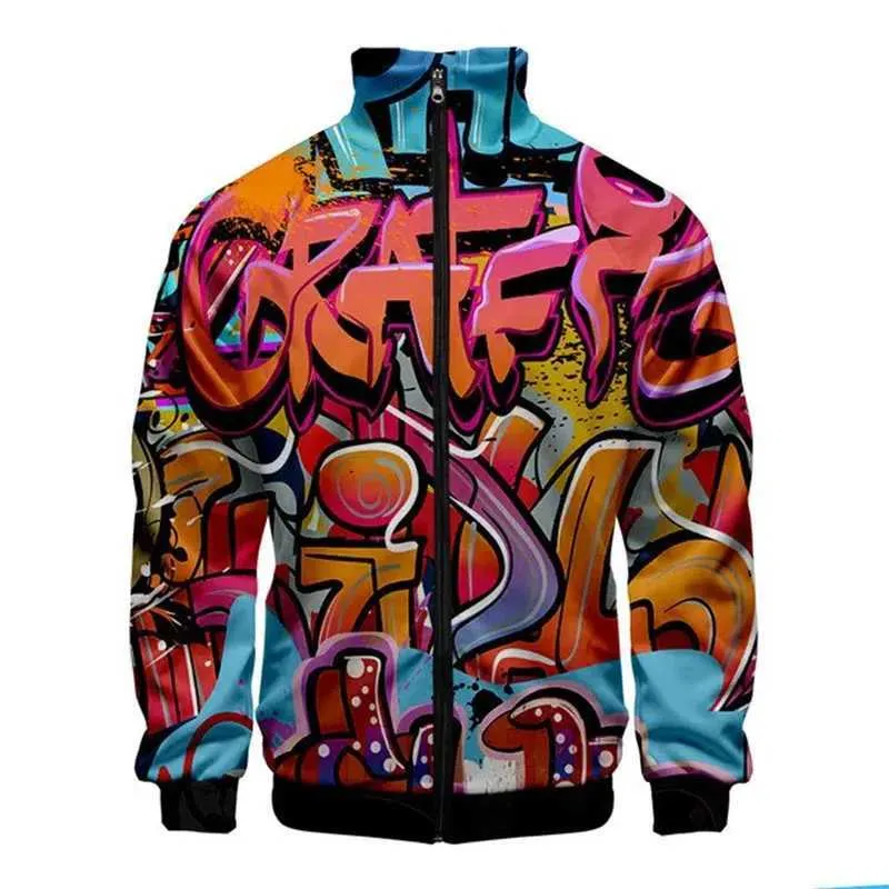 Mens Hoodies Sweatshirts Nya och intressanta graffiti-mönster 3D-jacka för mens harajuku hiphop ny jacka casual stand up crage zippered sporttröja topp 240425