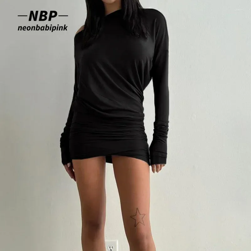 Lässige Kleider Neonbabipink eine Schultergeräte Mini für Frauen Langarm Asymmetrisch schwarzes Kleid sexy Outift Frau N33-bi21