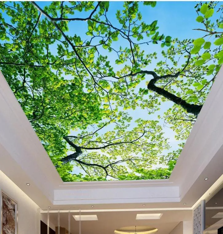 3D tapet på takblå himmelgrenar 3D tak tapet för badrum stereoskopiskt landskap tak5394289