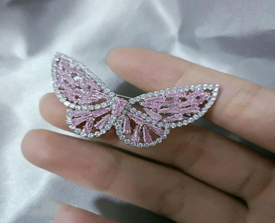 Pins Brooches OKILY Arrival Butterfly Pin For Women Coat Pins Suit Corsage Badge Fashion Pink Zirconia Broch Jewelry Accessories8712035