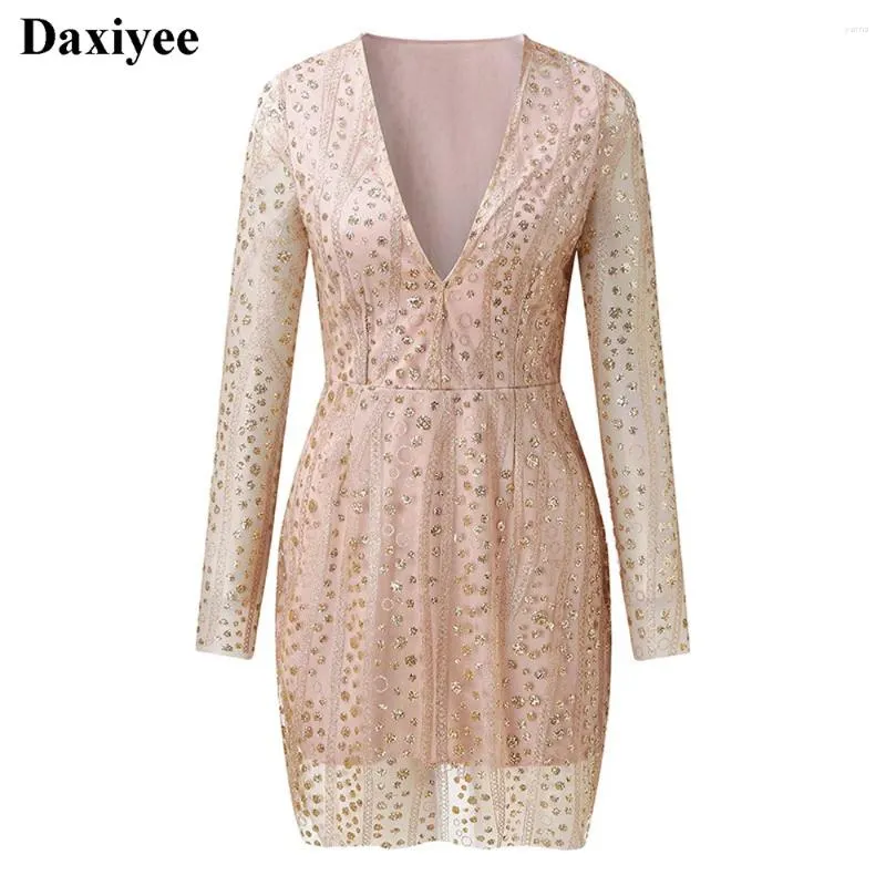 Robes décontractées paillettes de soirée de soirée femme Mesh tulle V cou mande à manches longues élégante Femme Mini Vintage Prom Vetestidos