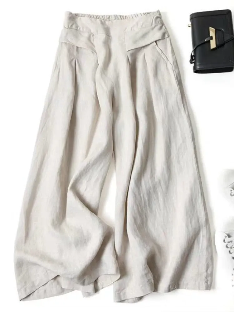Pantaloni estivi Capris For Women Cotton Linen pantaloni a gamba larga di grandi dimensioni Female in stile elastico in vita elastico Pantalon sciolto casual solido