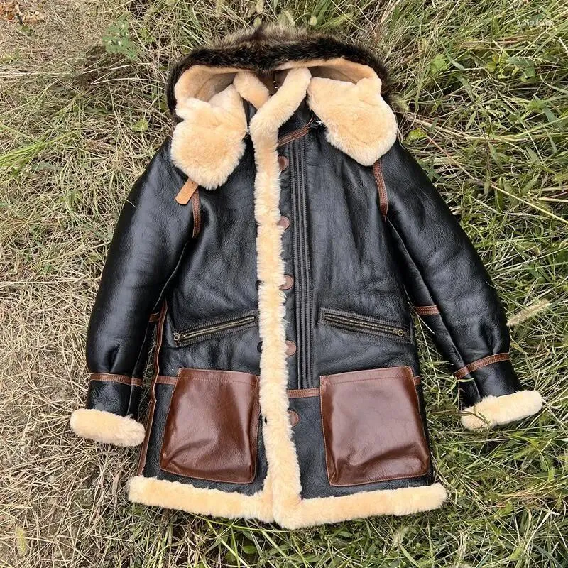 メンズスーツファー1つのフード付きコートプラスサイズ暖かい濃厚な屋外パッド付きレザージャケット冬のオスのバイクリムーバブルキャップアウトウェア