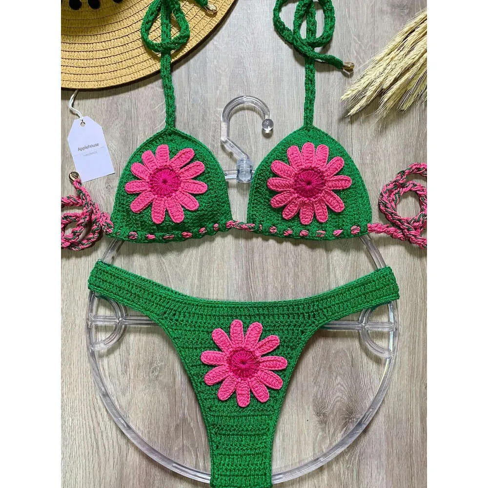 Femmes de maillot de bain micro bikini ensembles sexy fleur mujer crochet maillot de bain réglable tasse de plage de plage