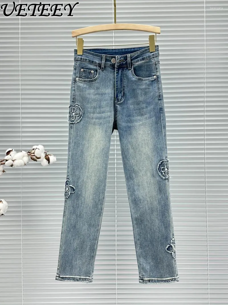 Jeans femminili donne pantalones dritte primavera estate pantaloni 2024 in alto in fila ad alta vita ricamato pantaloni ritagli di denim streetwear