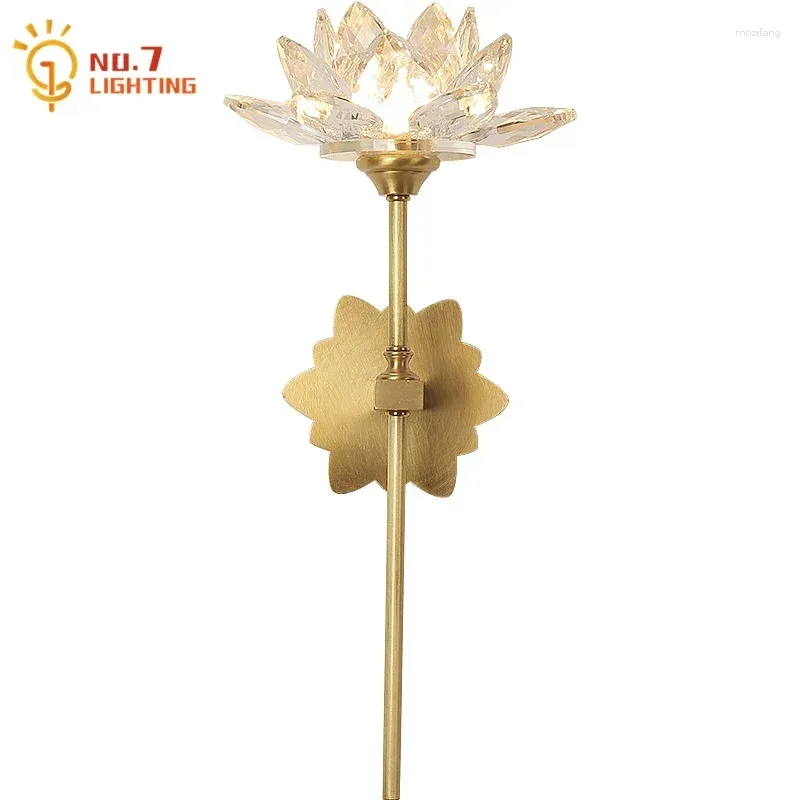 Wall Lamp Chinese Classical Copper K9 Crystal Lotus Flower Led G9 Zen Art Indoor Lighting For Living Room Decor Bedroom Tea