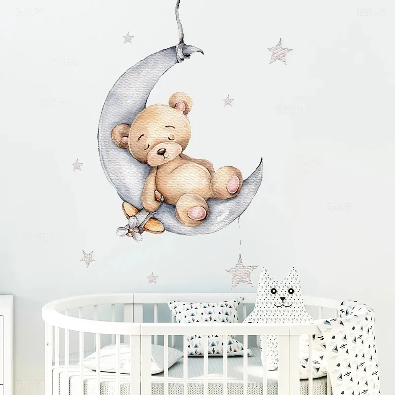 Kreskówka misy śpi na Księżycu i gwiazdy naklejki ścienne do pokoju dziecięcego dekoracja dekoracji naklejki wnętrze 240418