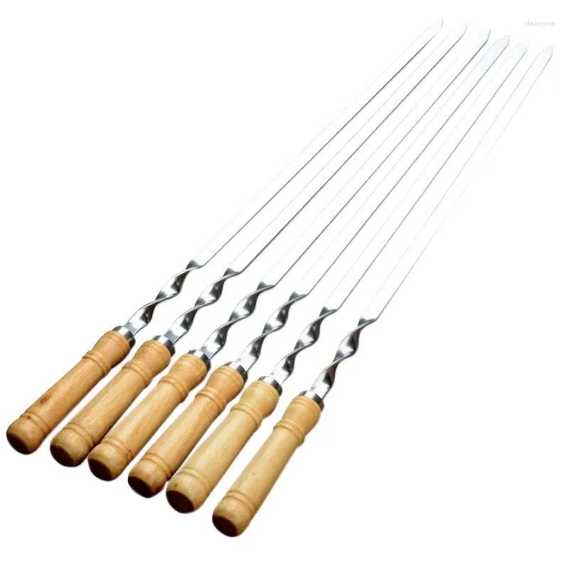 Servis uppsättningar 6st 55 cm BBQ Spetts Lång handtag shish kebab grill grill stick trä gaffel rostfritt stål utomhus nål