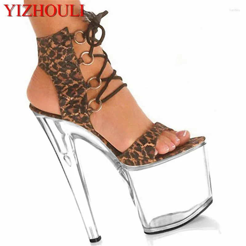 Sapatos de dança Sexy Leopard Cross Straps Sandals Lace-up Suede Women Pumps High With 20cm Saltos transparentes sola transparente