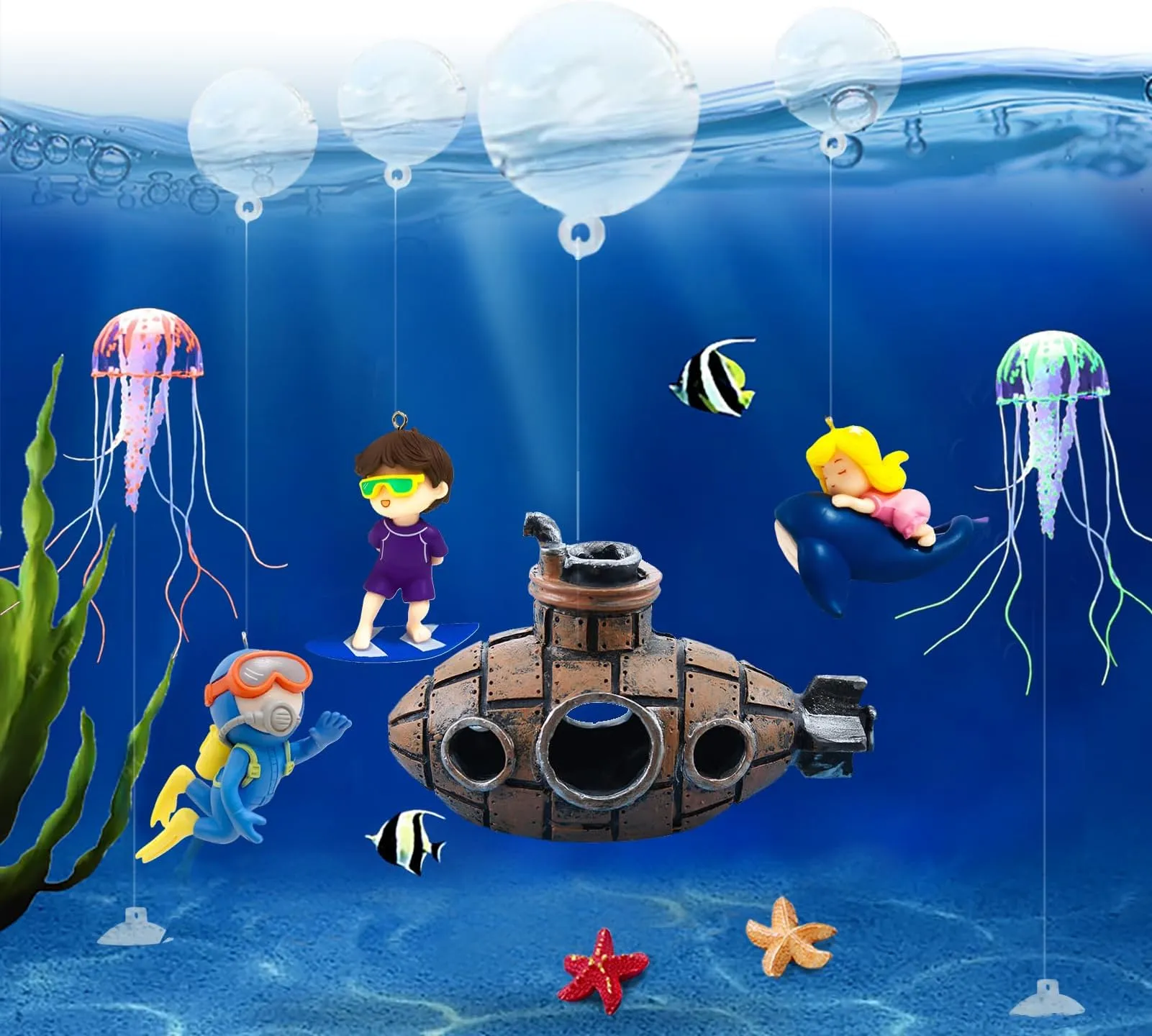 13-Piece Floating Aquarium Decorations Set: Diver, Jellyfish