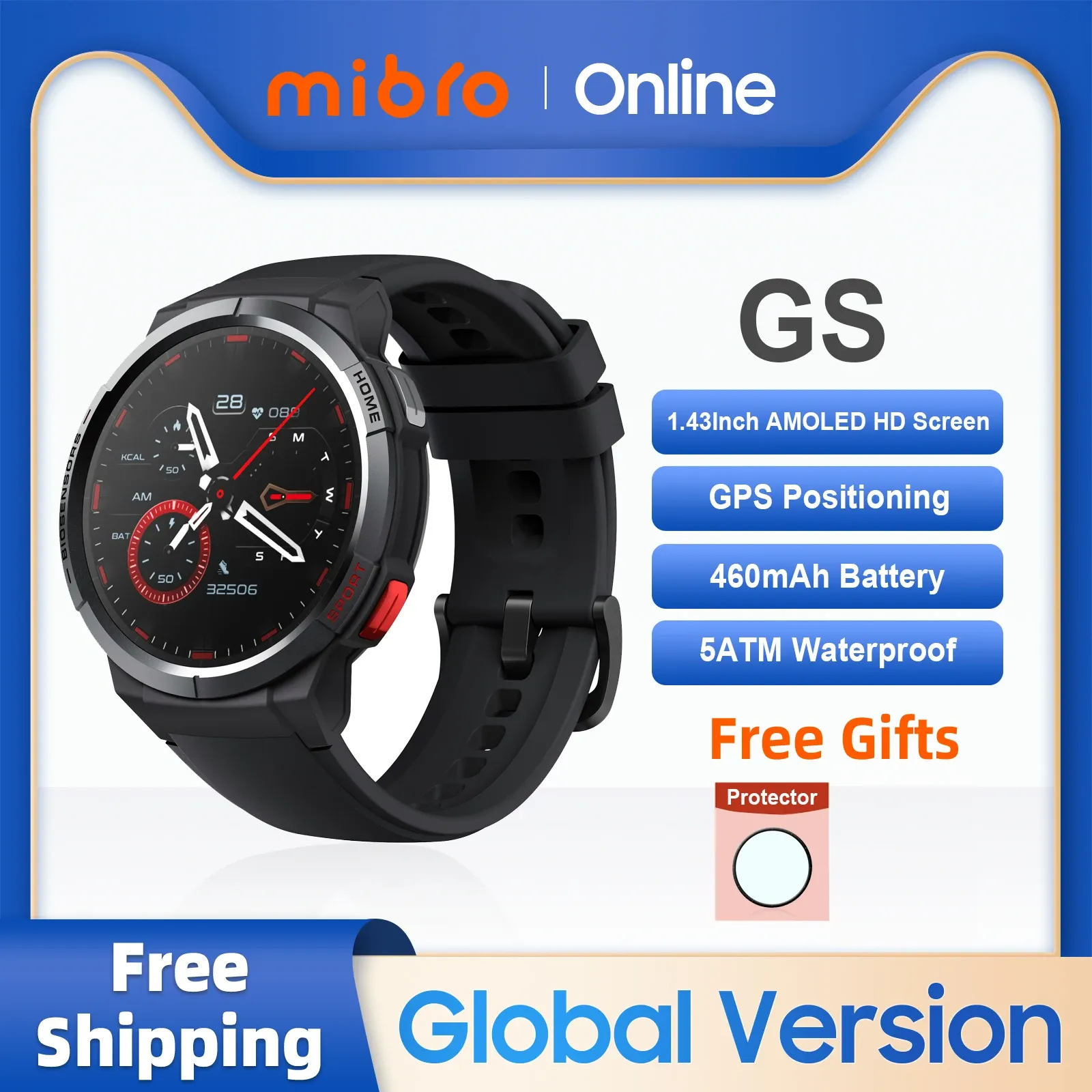 Montres MIBRO GS Smartwatch GPS Positionnement 460mAh Batterie AOD 1.43 pouces AMOLED HD Screen 5atm Sport Men Sport Men Women Smart Watch