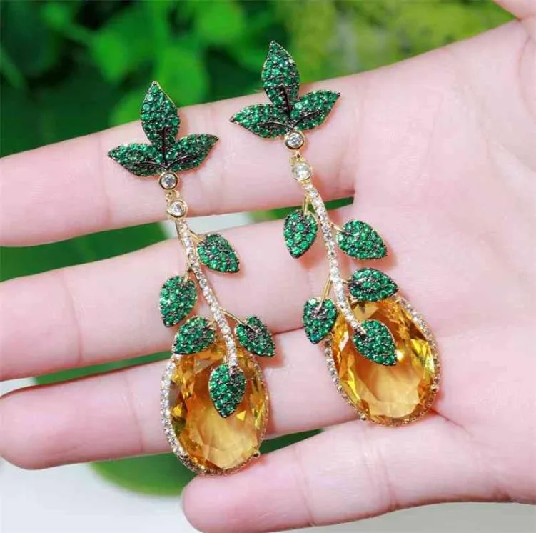 CWWZircons Super Luxury Green Cubic Zirconia Leaf Drop Big Yellow CZ Crystal Earrings for Women Unique Geometric Jewelry CZ811 2101428101