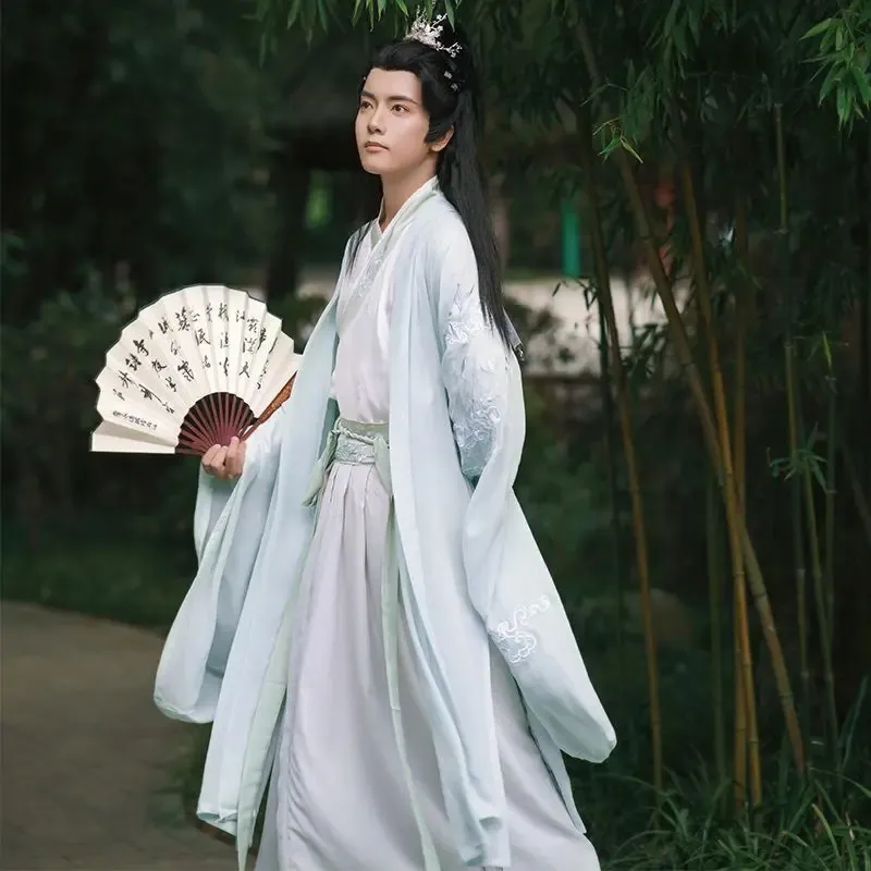 Stor storlek 3xl Hanfu Men kinesisk traditionell cosplay kostym halloween cos kostym Antika Hanfu Blue White Shirtskirt Set 240418