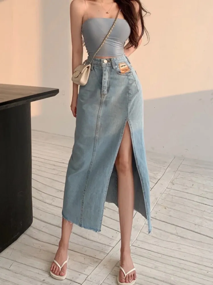 DEEPTOWN Long Denim Skirt Vintage Women Solid High Waist A-LINE Slim Korean Style Jean Slit Midi Skirt Summer Fashion Girl 240426