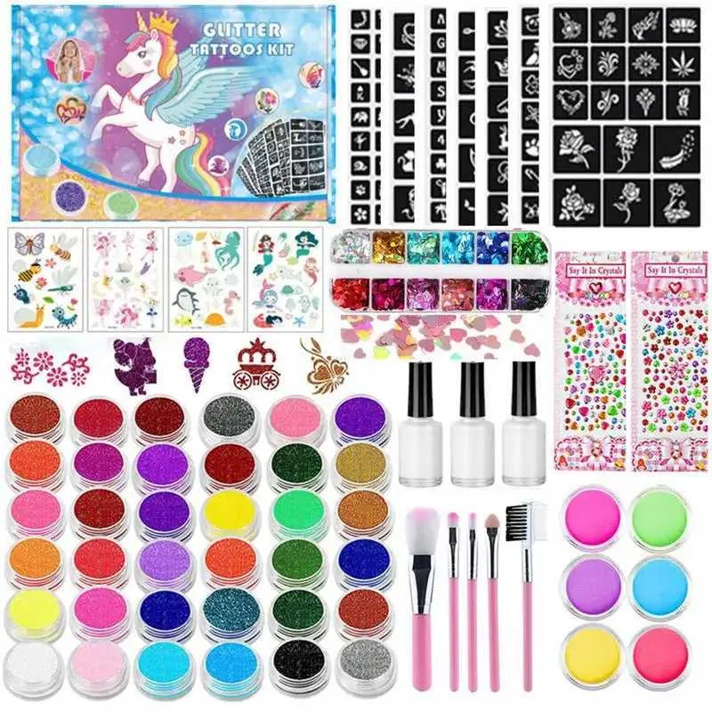 Tattoo Transfer Halloween Glitter Colors Tattoo Kit med stencil limborste Makeup Glitter Body Art Design för barn kroppsmålning glitterpulver 240426