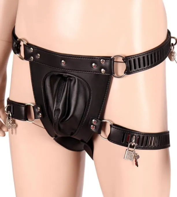 Paski Męskie Skórzanie Uprząż Bieźdźca Zamknięta w pasie Torebka klatka BDSM BDSM Sex Toy Under Pants Strój Fetysz loincloth3512585