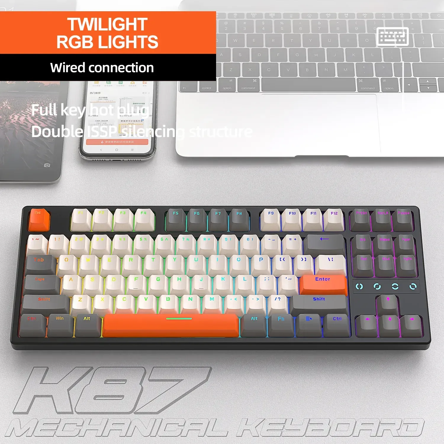 Keyboards K87 Rgb Hotswap Nkro Typec Wired Gaming Mechanical Keyboard 87 Keys White/ice Blue Light Customized Mechanical Keyboards Issp