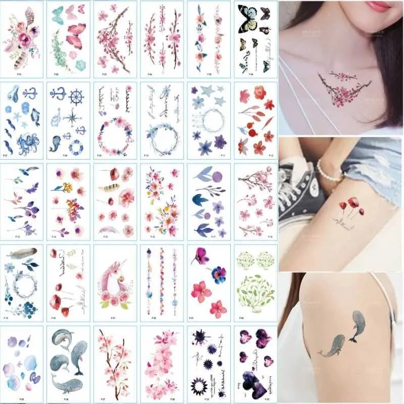 Tatueringsöverföring 30st/mycket små tillfälliga tatueringsklistermärken akvarell Moon Whale Flower Transfer Fake Tattoos Women Girls Body Shoulder Breasts 240427