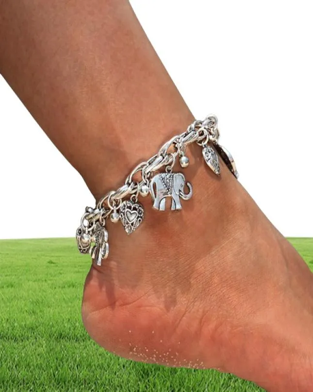 Vintage Gold Silver Anklets for Women Elephant Pendant Charms Box Chain Beach Summer Foot Ankel Armband Hela smycken79570208564084