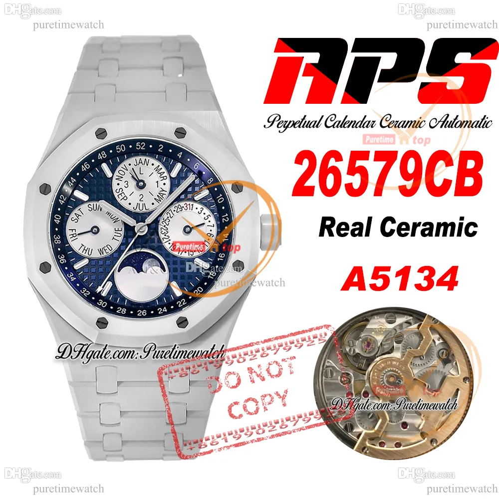 26579CB Perpetual Calendar A5134 Automatic Mens Watch APSF V2 41mm Blue Checkered Stick Dial Moon Phase White Ceramic Case And Bracelet Super Edition Puretime CHS