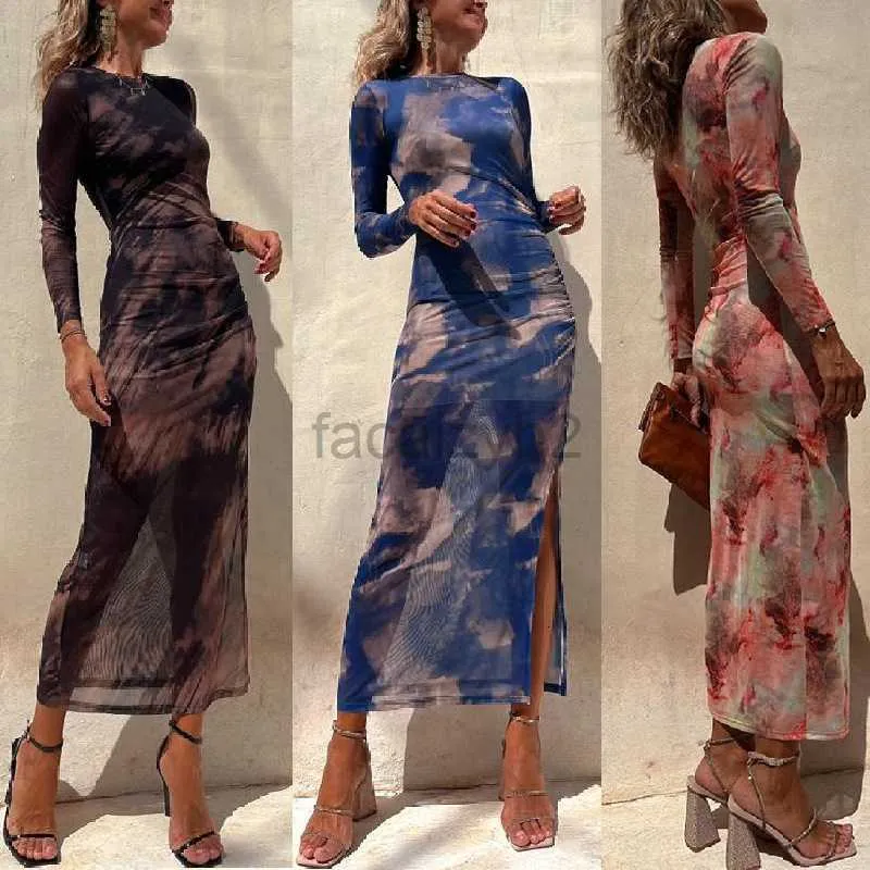 Basic Casual Kleider Designer Kleid Neues Herbst -Mesh sexy Druck Schlanker Fit Elastic Long Sleved Kleid Großgröße Frauenkleidung