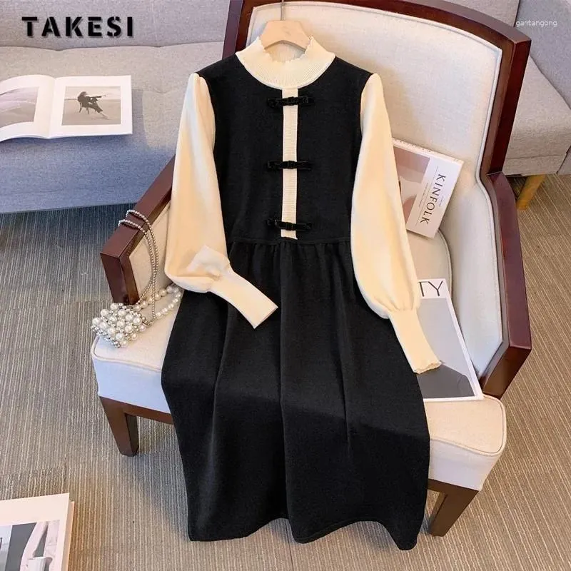 Casual Dresses 2024 Winter Vintage Long Sleeve Chinese Style Patchwork Women's Elegant Classic Stand Collar Knitting Ladies Dress