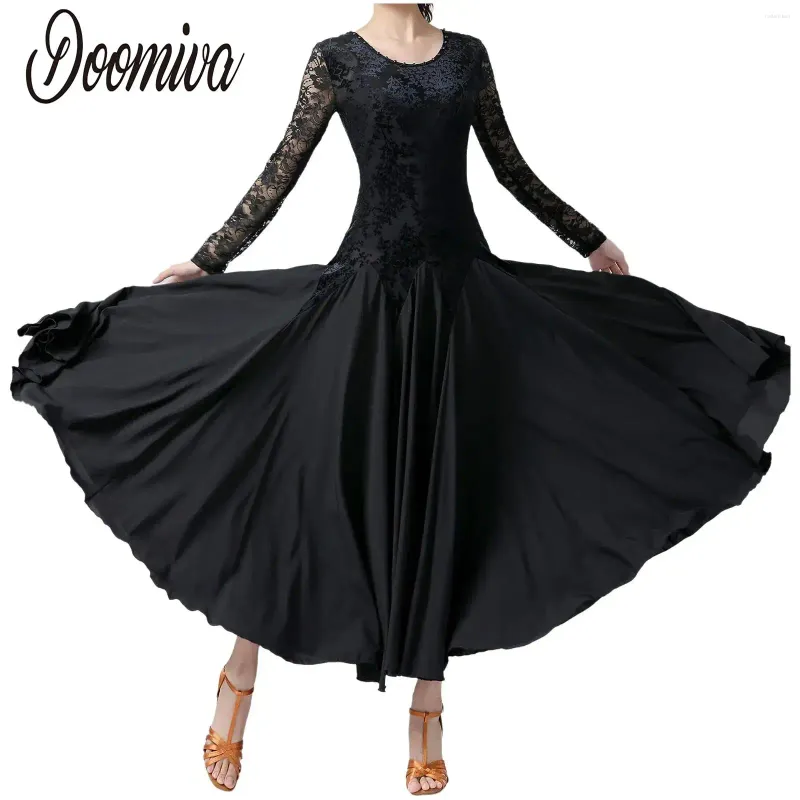 Stage Wear Womens Ballroom Lyrical Dance Dress Lace Long Sleeve Patchwork Rooks voor Waltz Cha-Cha Performance Competition