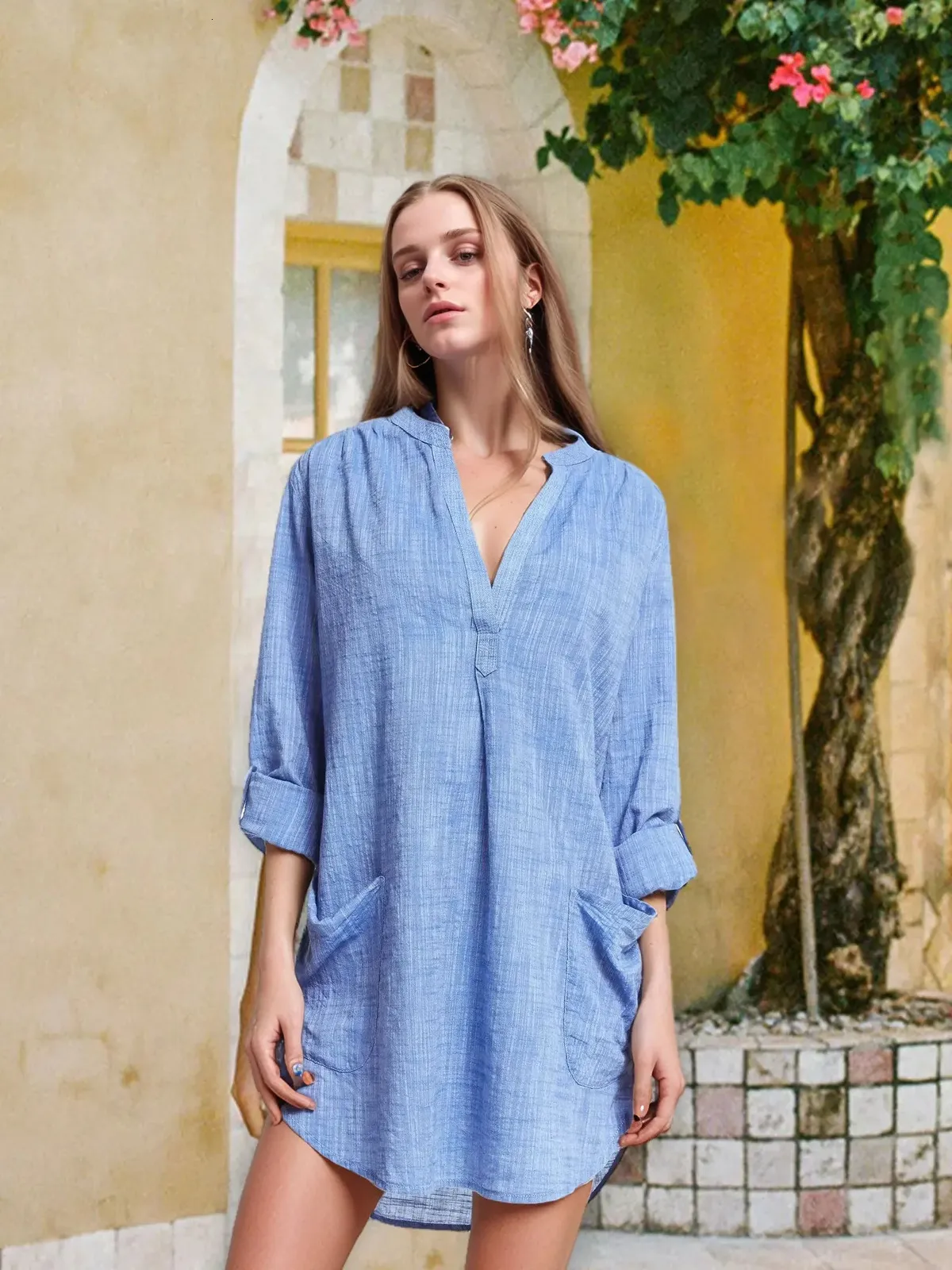 Bikini T Shirt Style V Neck Beach Cover Up: Long Sleeve Pocket