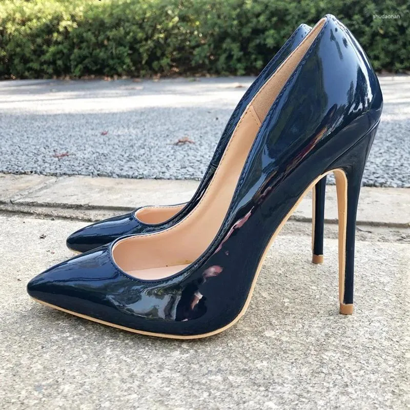 Dress Shoes Women Navy Blue Patent Pumps Low Cut Pointy Toe Stilettos Elegant Ladies Formal Slip On High Heels Fashion