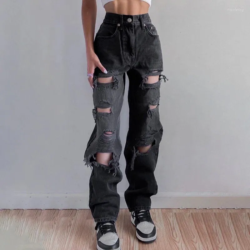 Kvinnors jeans rippade vintage kvinnans nödställda streetwear hål hip hop höga midja byxor mode rak svart denim byxor damer