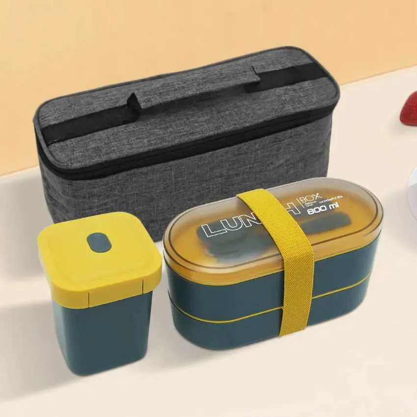 Bento Boxen Neue Doppelschichtgesunde Material Lunchbox mit Gabel- und Löffel Mikrowellen-Besteck Set Food Storage Container Q240427