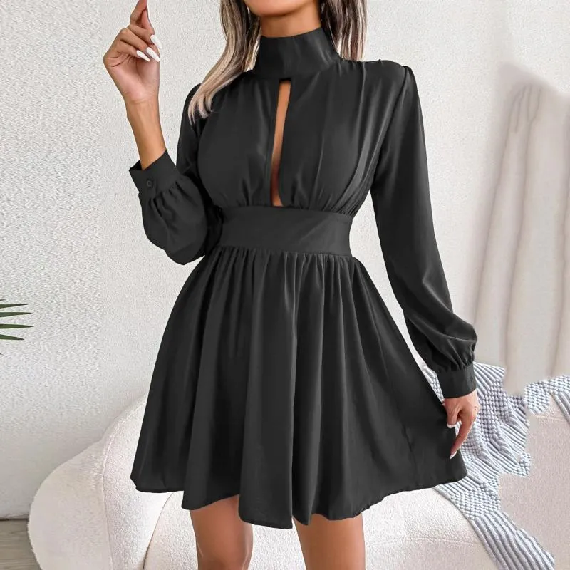 Elegant Solid Hollowed Out Turtleneck A Line Dresses Elegant Solid Hollowed Out Turtleneck A Line Dresses