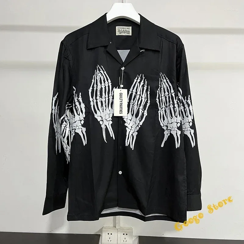 Camicie casual maschile hip hop di grandi dimensioni di grandi dimensioni delle Hawaii Scheletro Skeleton Ghost Claw Full Full Shirt Wacko Maria a maniche lunghe per uomini donne