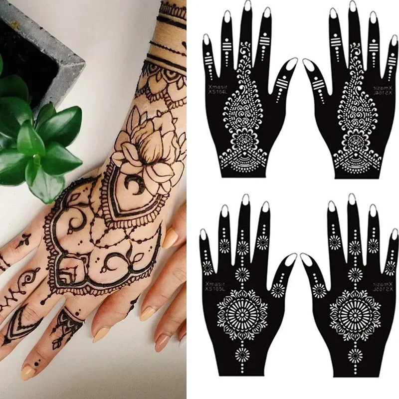 Tattoos 1 Pair Fashion Out Henna Stencil Temporary Hand Tattoos DIY Body Art Sticker Beauty Hand Decal Wedding Painting Makeup Tool