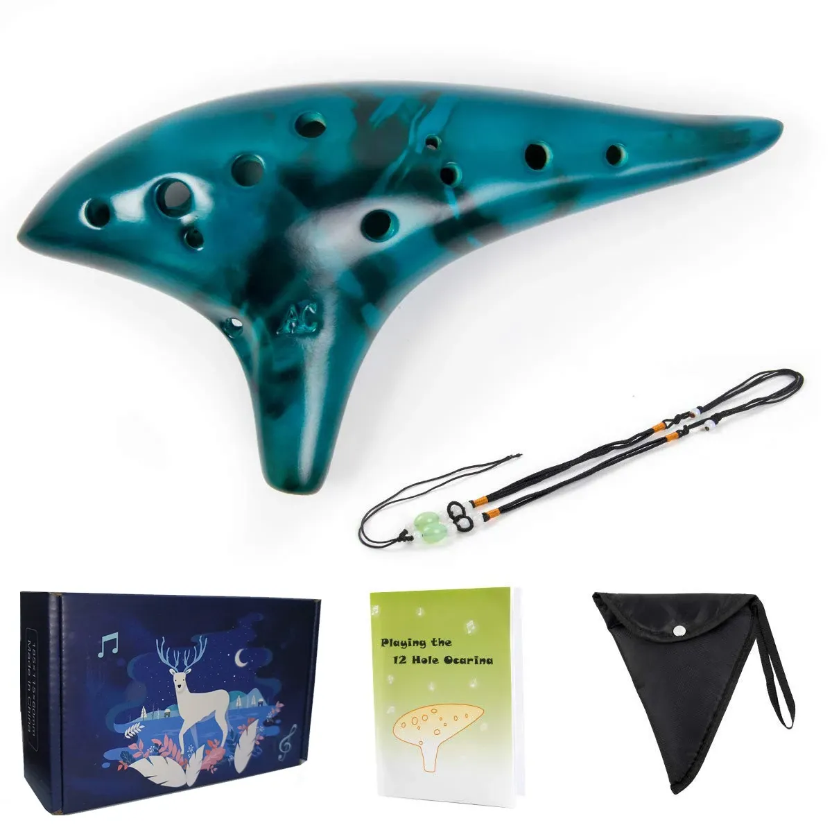 Instrument Ocarina,12 Tones Alto C Ceramic Ocarina Musical Instrument with Song Book Neck String Neck Cord Carry Bag Good Gift for Children