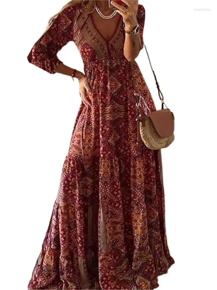 Robes décontractées à la mode pour femmes Automne Bohemian Style 3/4 Hobe longue robe élégante haute taille en V