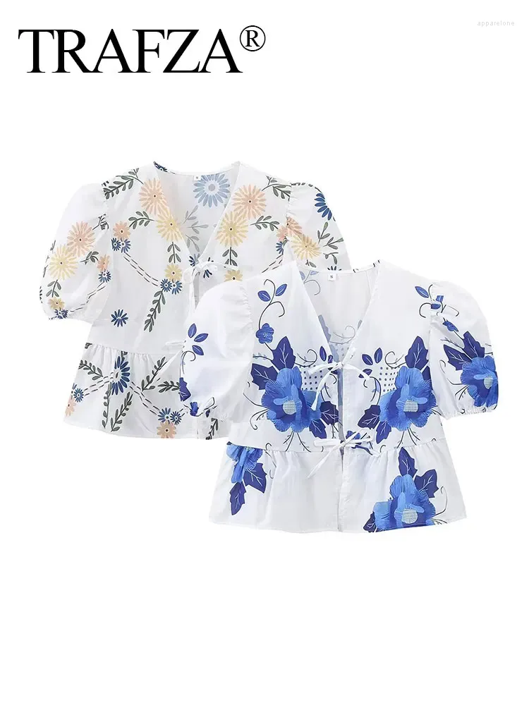 Bluzki damskie Trafza Trendy świąteczne kwiatową bluzkę dla kobiet 2024 Spring łagodna muszka o szyja krótkie rękawy mody eleganckie koszule