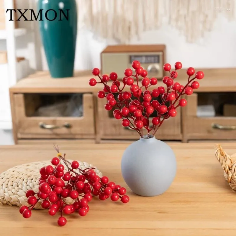 Fleurs décoratives 6 branches artificielles Berries de Noël de haricots rouges artificiels Bouquet Foam Fake Fruits Plantes Potted Home Garden Decor Outdoor Po