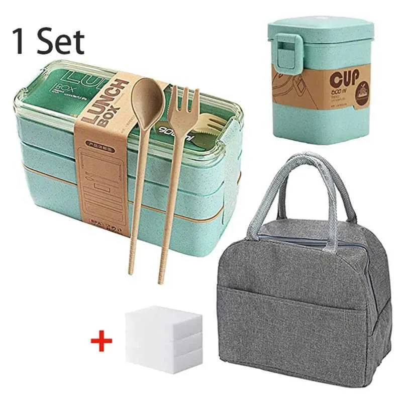 Boîtes à bento boîtes à lunch blé à 3 couches avec sac japonais micro-ondes bento alimentaire fourche et cuillère adaptée au personnel de bureau étudiant Q240427