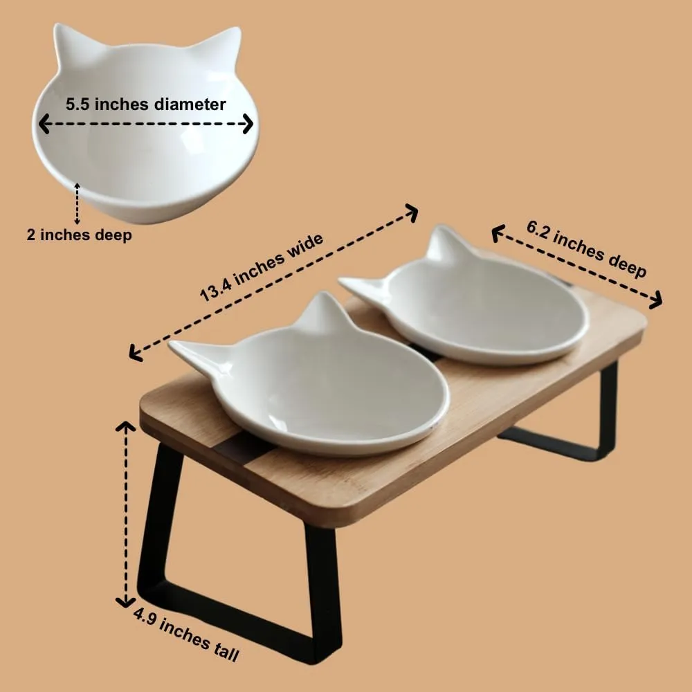 Elevated Cat Food Bowl Stand - Bamboo Base With Steel Bowls, Tilted, Whisker Friendly