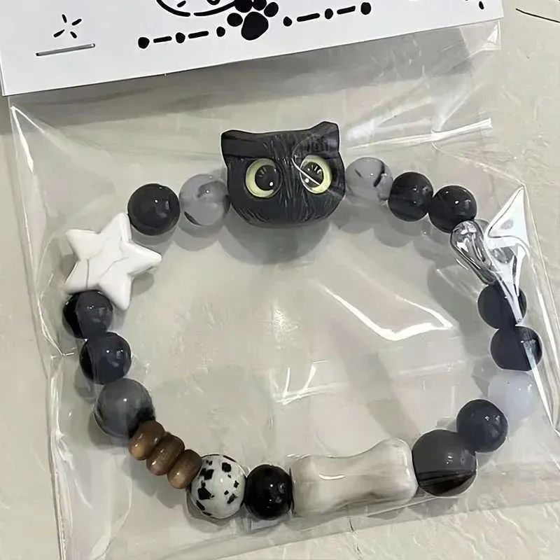 Bracciale per gatto nero di pietra naturale graziosa per perline per perle di animali da cartone animato di moda da uomo