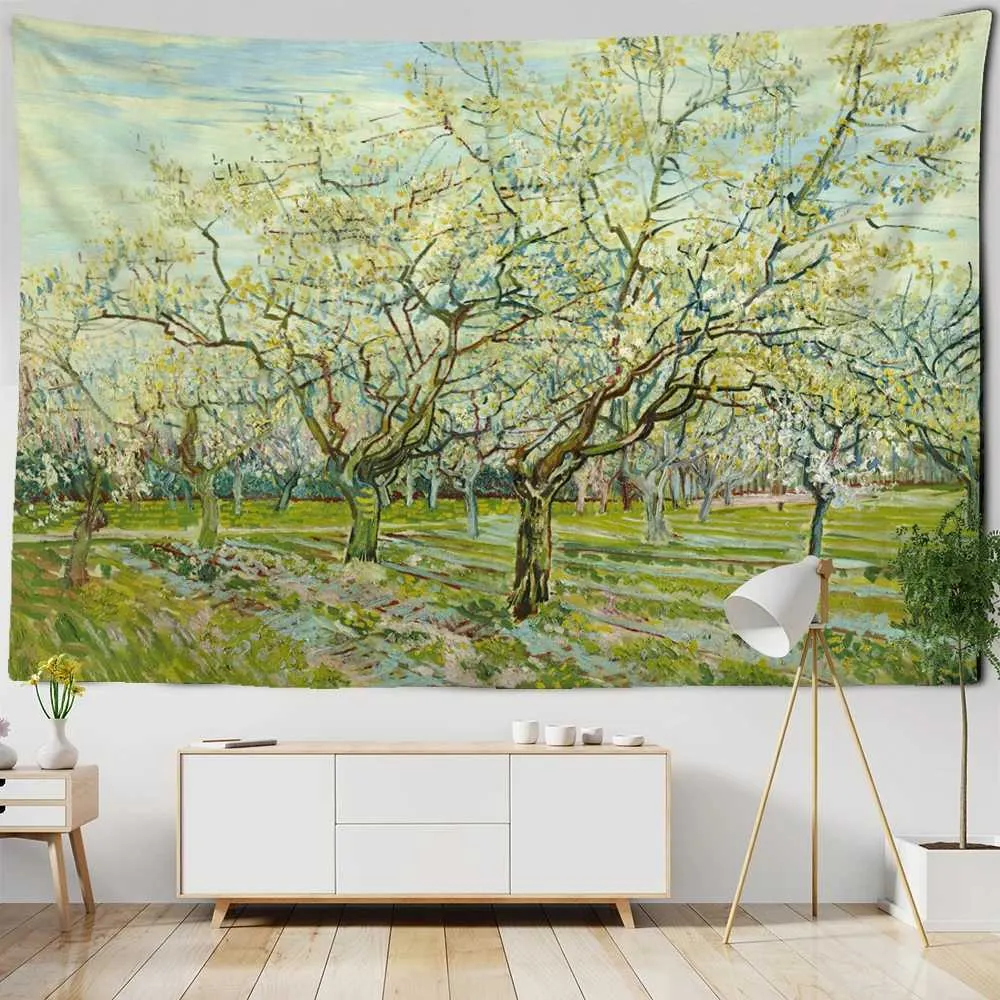 Tapisserier Forest Landscape Architecture Tapestry Wall Hanging Bohemian Van Gogh Oil Målning Abstrakt Witchcraft Eesthetics Room Decor