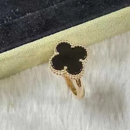 Ontwerpermerk Seiko Originele reproductie S925 Pure Silver Luxury 18K Gold Black Agate Diamond Clover Ring Sieraden met logo