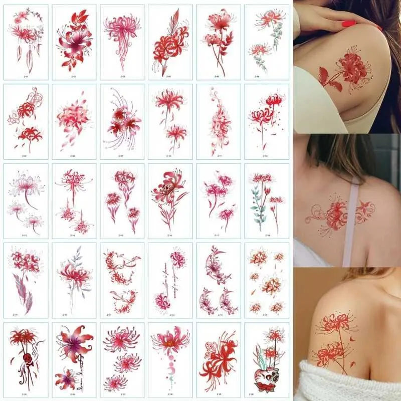 Tatueringsöverföring 30st/set tillfällig tatuering klistermärken för kvinnor flickor röd lotus falska tatoo vattentät kropp arm axel tatuajes temporales mujer 240427